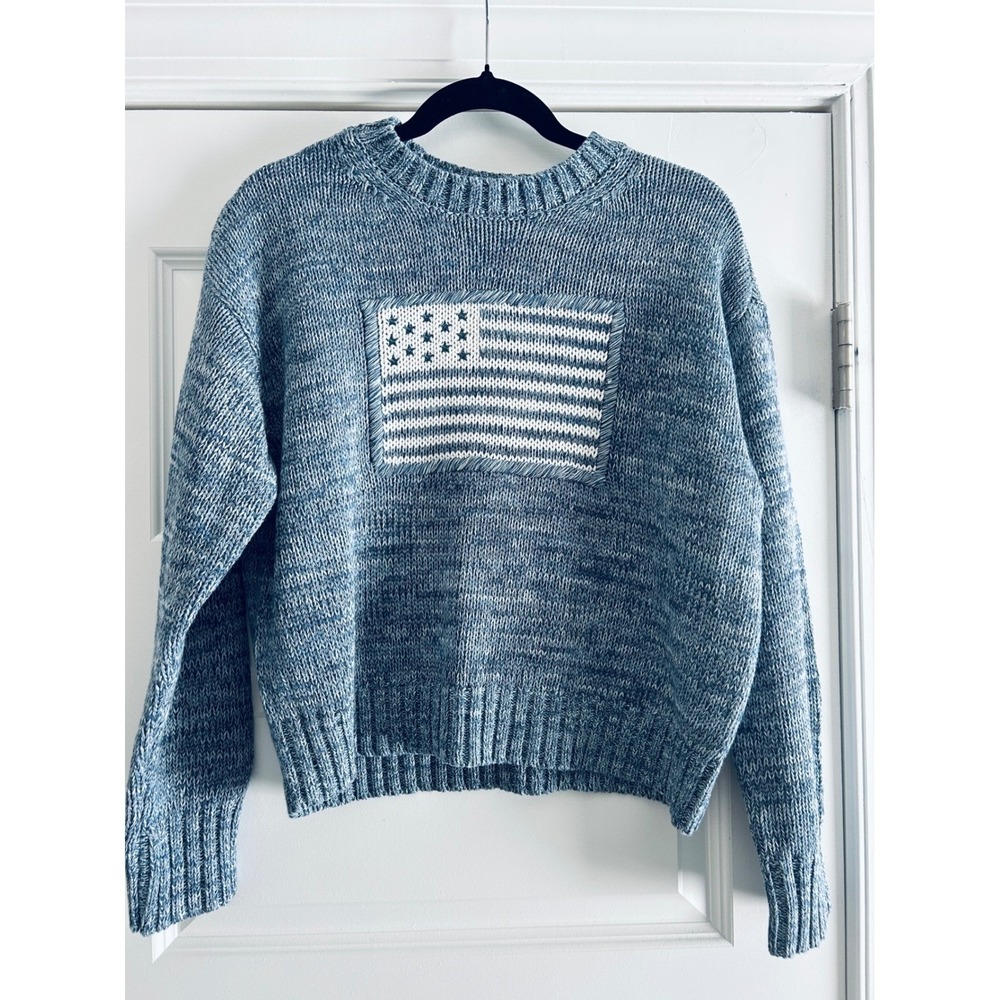 Womens Blue Marled American Flag Cotton Chunky Knit Crewneck Sweater Patriotic